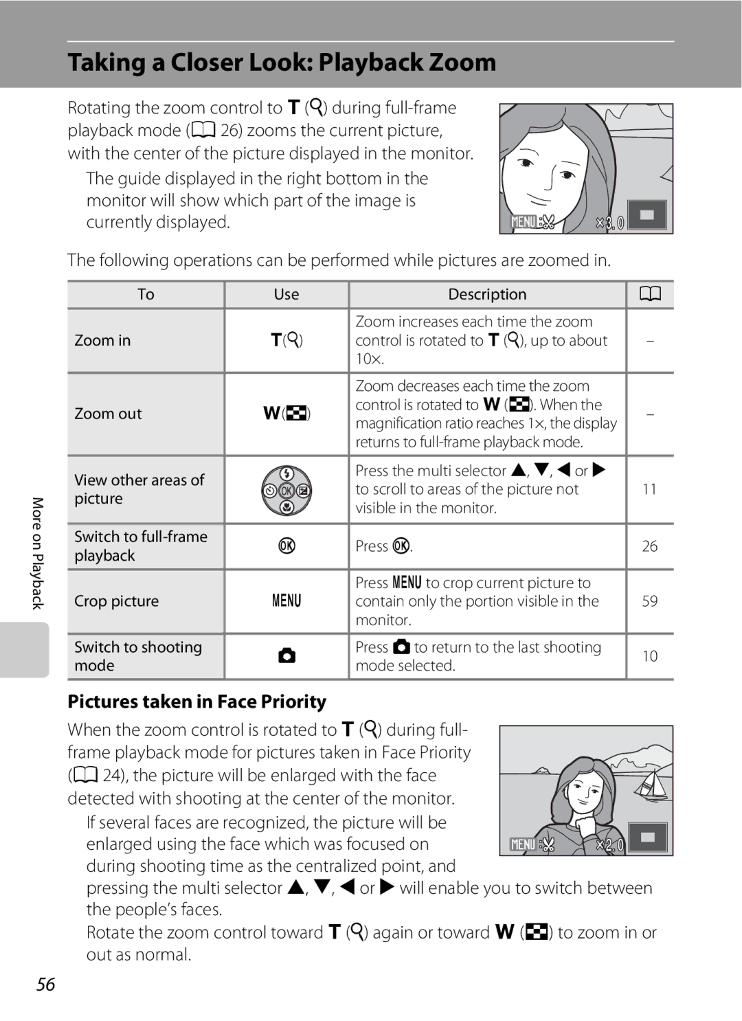 Optimus L100 user manual Taking a Closer Look Playback Zoom, Pictures taken in Face Priority, Use Description Zoom, 10× 