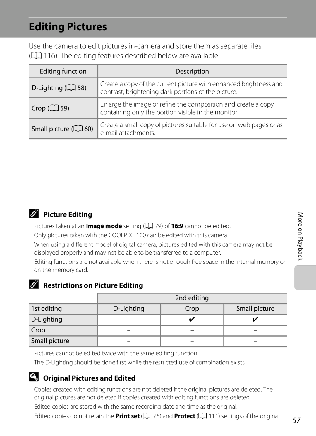 Optimus L100 user manual Editing Pictures, Restrictions on Picture Editing, Original Pictures and Edited 