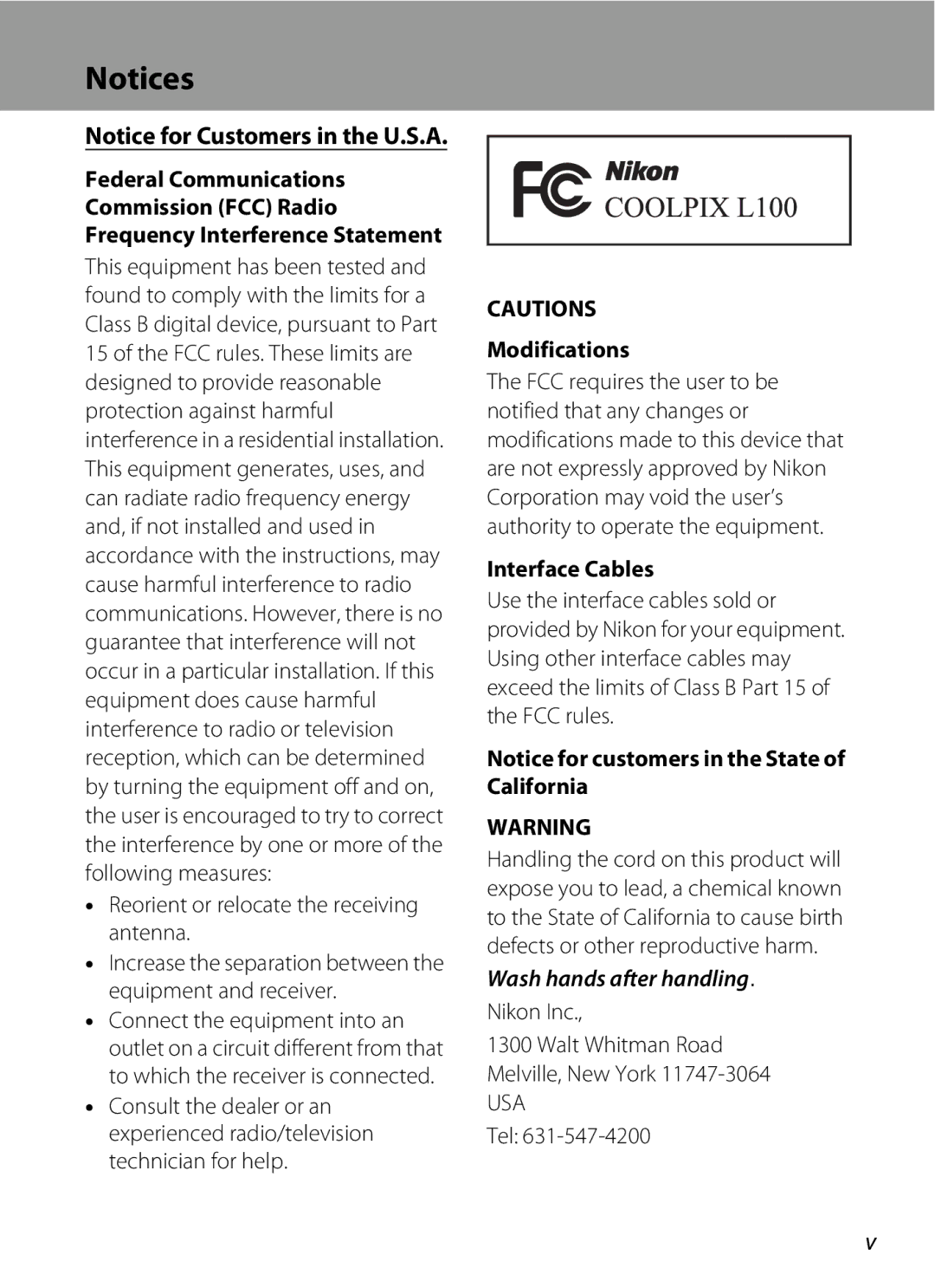 Optimus L100 user manual Modifications, Interface Cables, Nikon Inc Walt Whitman Road Melville, New York, Tel 