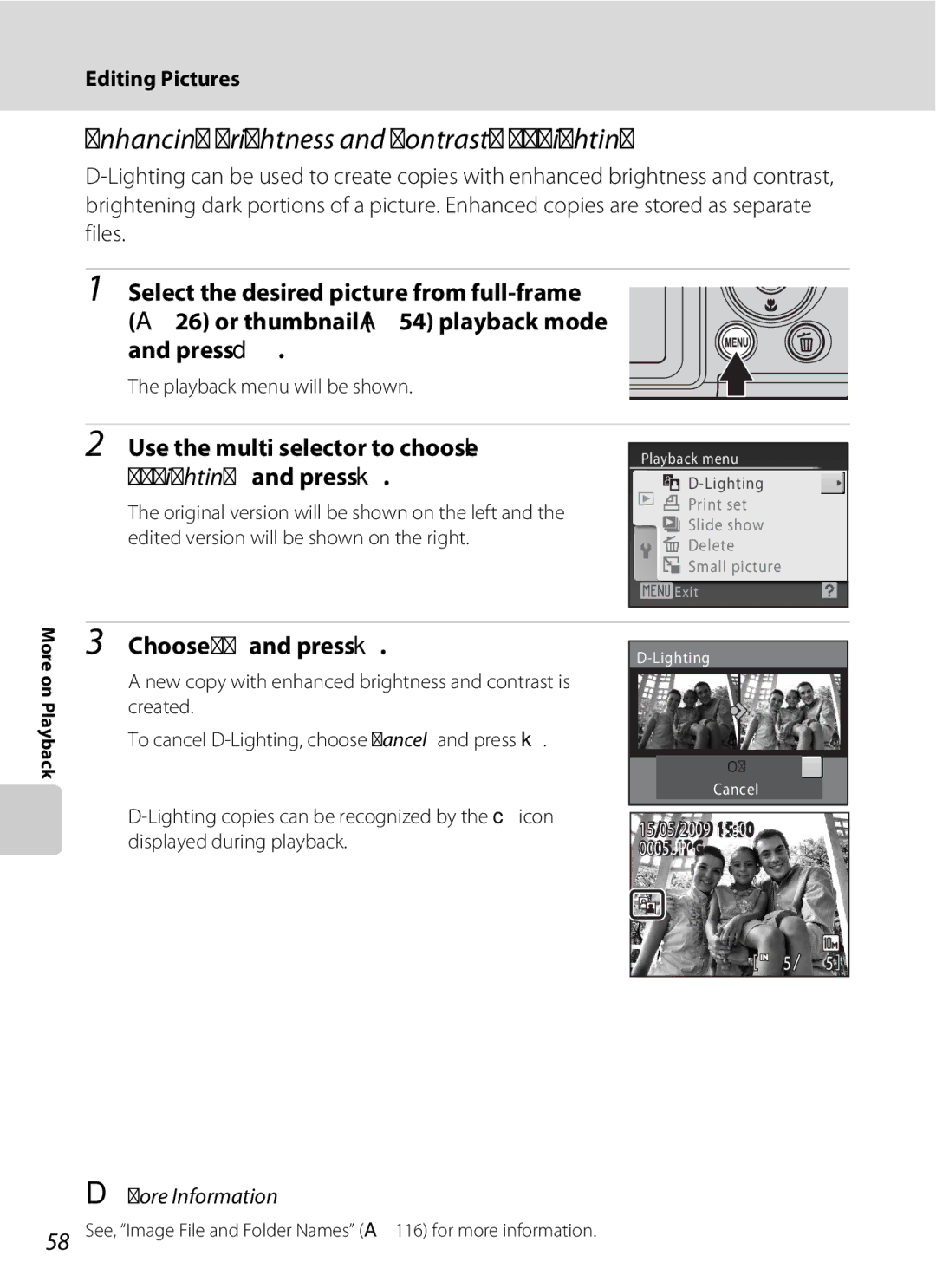 Optimus L100 Enhancing Brightness and Contrast D-Lighting, Use the multi selector to choose, Lighting and press k 