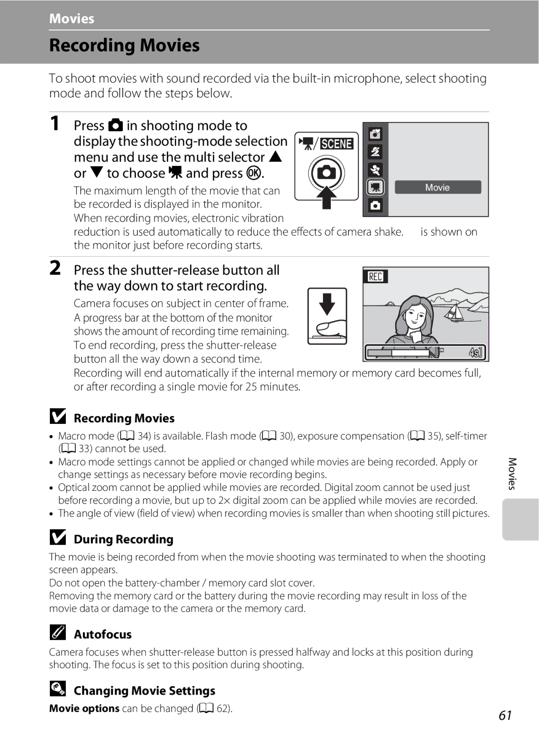 Optimus L100 user manual Recording Movies, Changing Movie Settings, Maximum length of the movie that can 