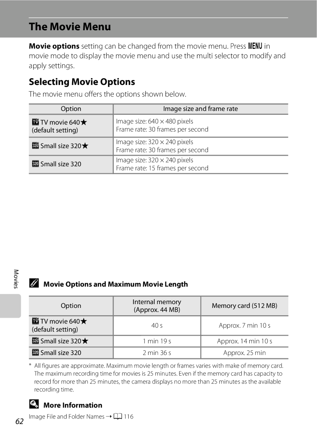 Optimus L100 user manual Movie Menu, Selecting Movie Options, Movie menu offers the options shown below 