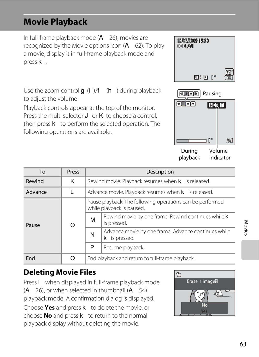 Optimus L100 user manual Movie Playback, Deleting Movie Files, Movie, display it in full-frame playback mode and press k 