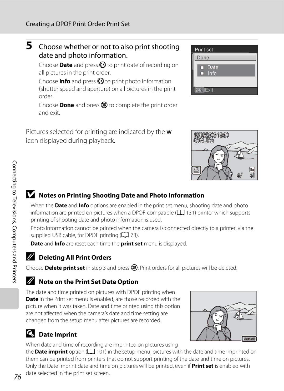 Optimus L100 Choose whether or not to also print shooting, Date and photo information, Deleting All Print Orders 