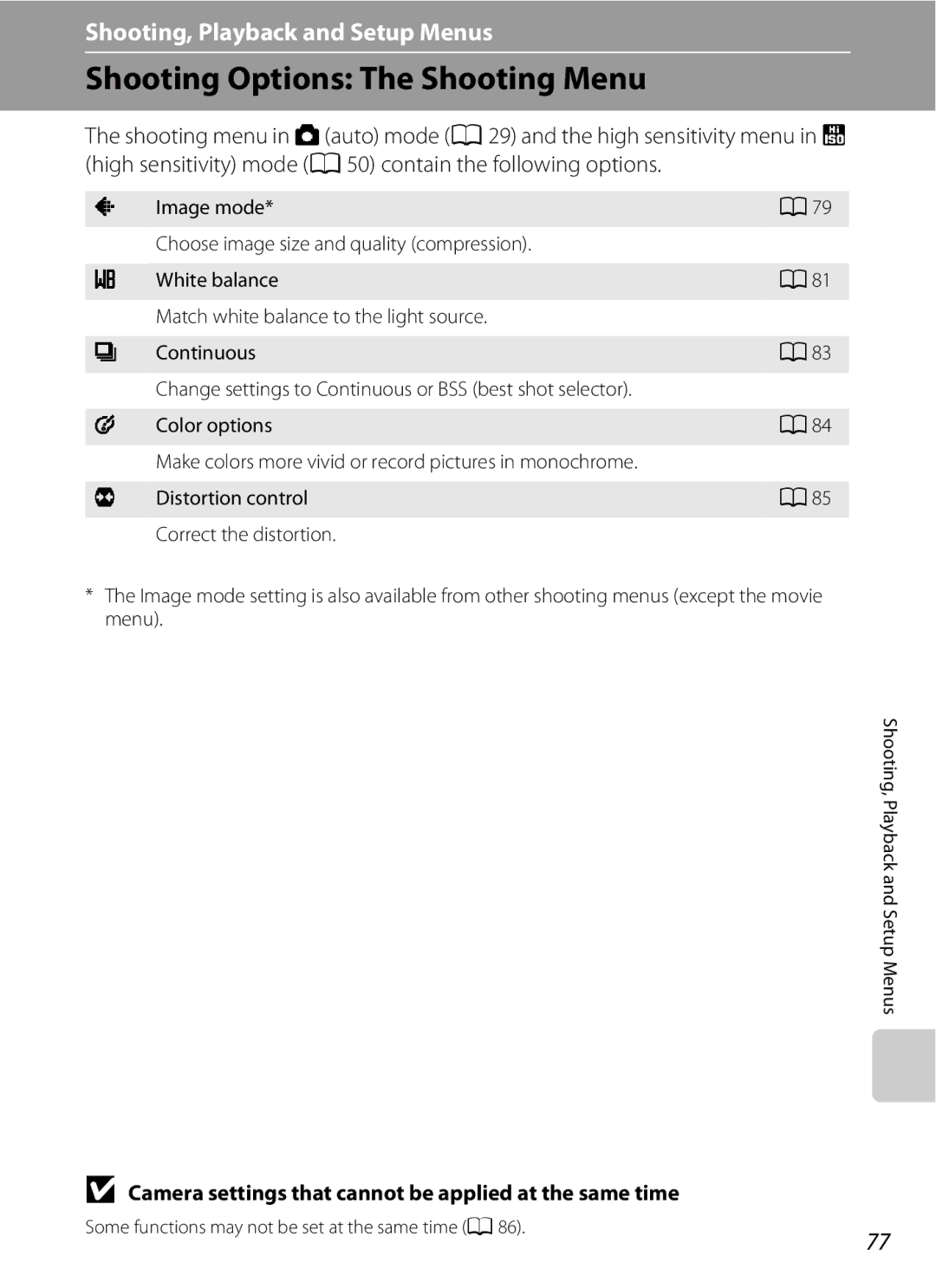 Optimus L100 user manual Shooting Options The Shooting Menu, Camera settings that cannot be applied at the same time 