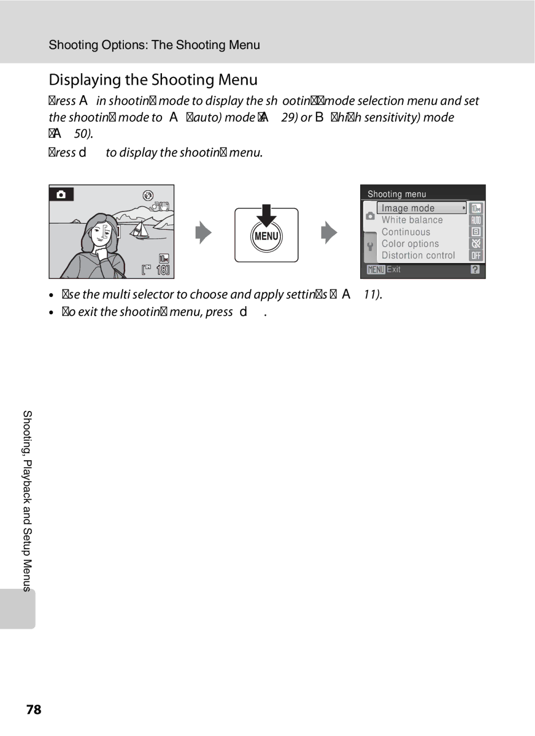 Optimus L100 user manual Displaying the Shooting Menu, Shooting Options The Shooting Menu 