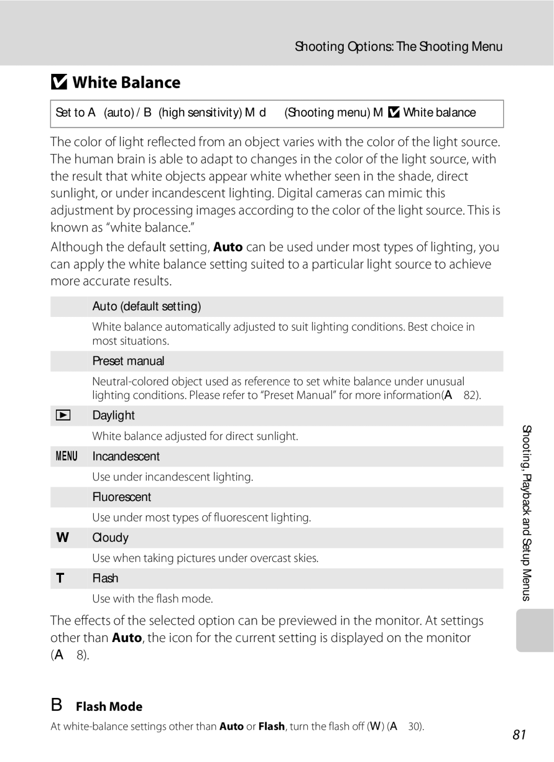 Optimus L100 user manual BWhite Balance, Flash Mode 