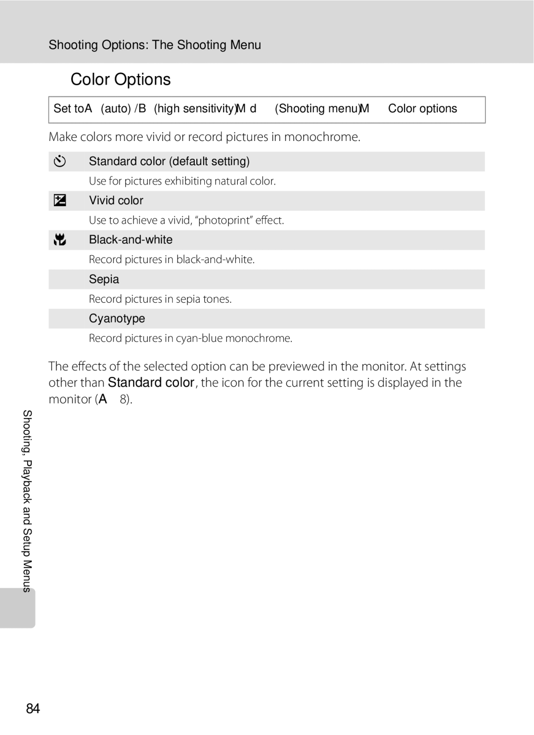 Optimus L100 user manual FColor Options, Make colors more vivid or record pictures in monochrome 