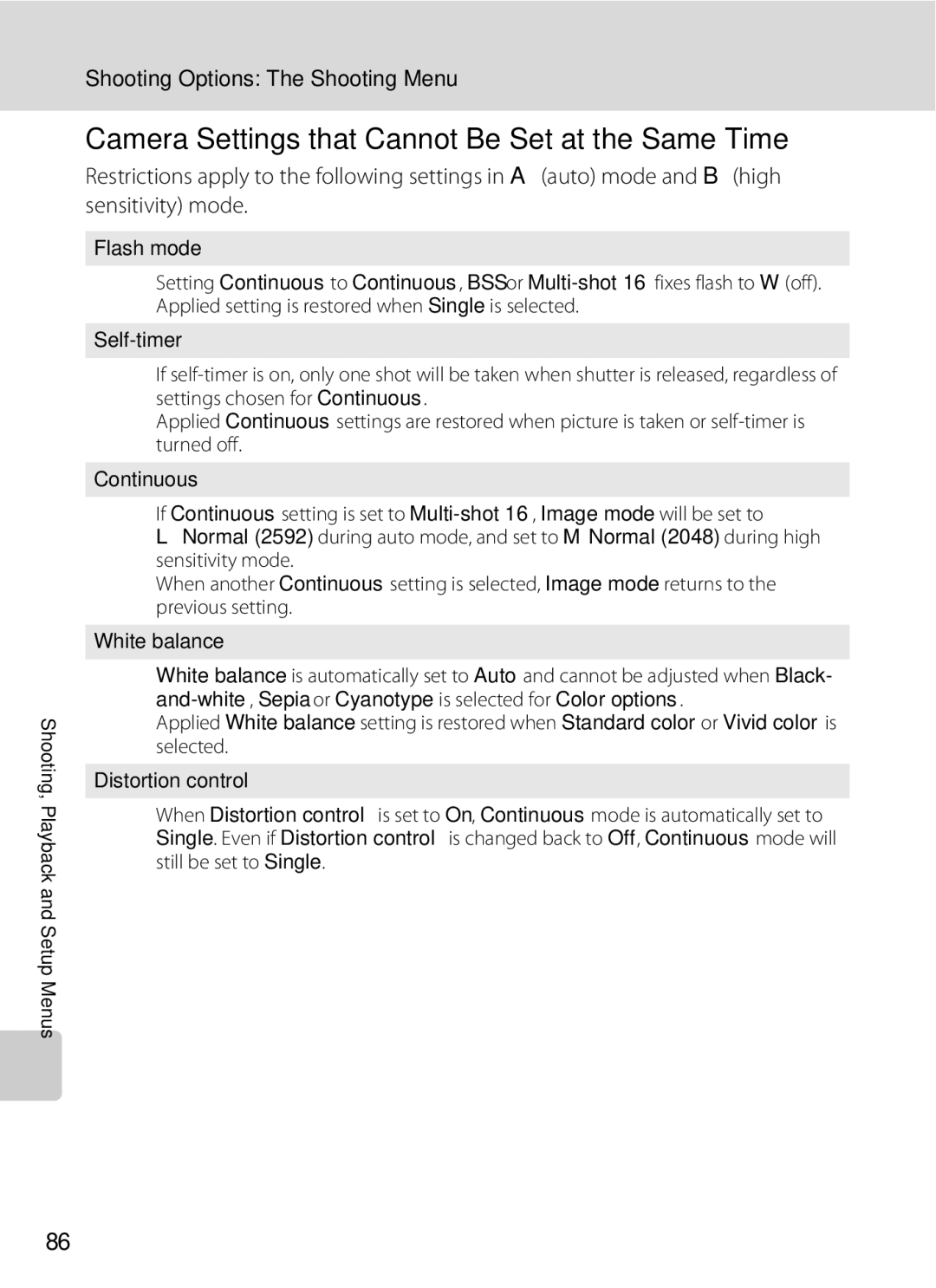 Optimus L100 user manual Camera Settings that Cannot Be Set at the Same Time, Flash mode 