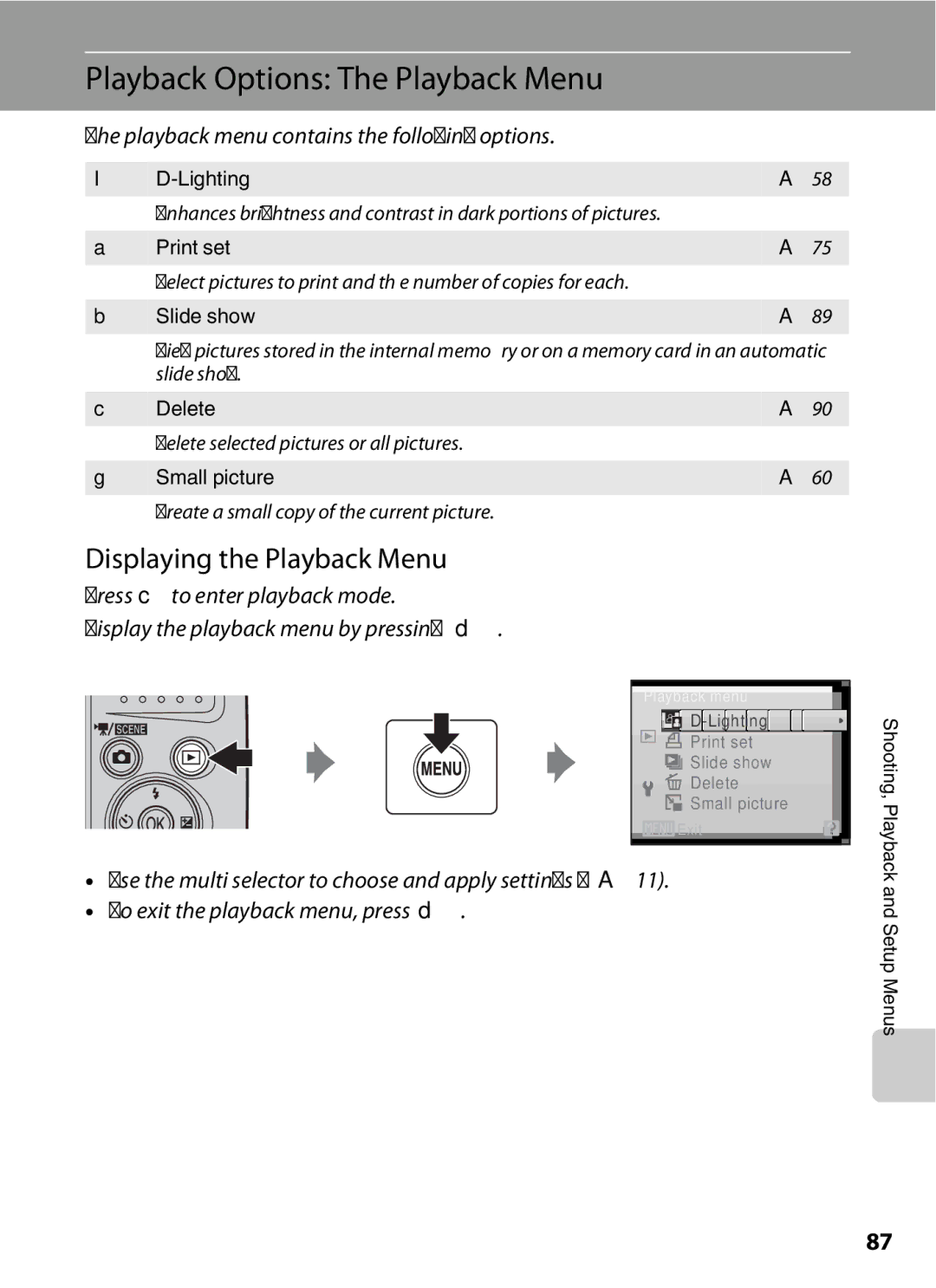 Optimus L100 user manual Playback Options The Playback Menu, Displaying the Playback Menu 