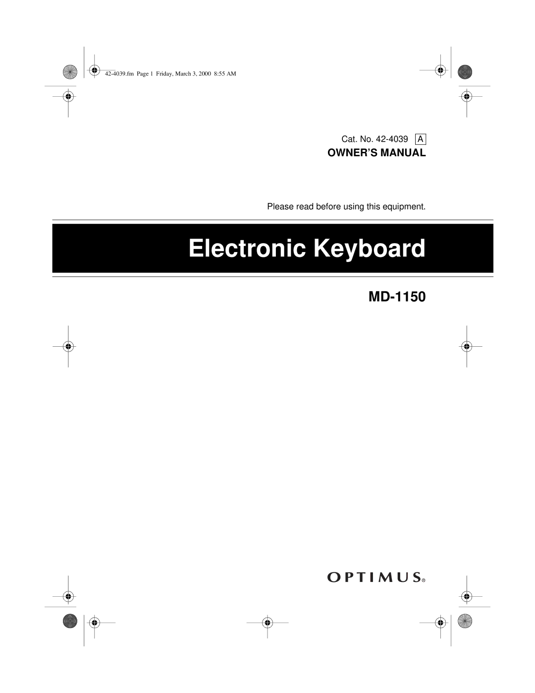 Optimus MD-1150 owner manual Electronic Keyboard 