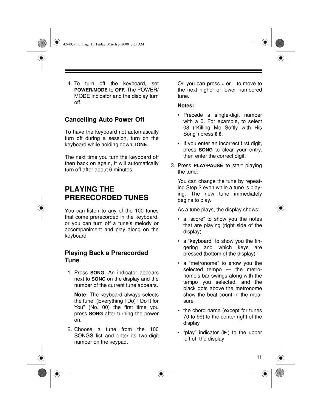 Optimus MD-1150 owner manual Cancelling Auto Power Off, Playing Back a Prerecorded Tune 