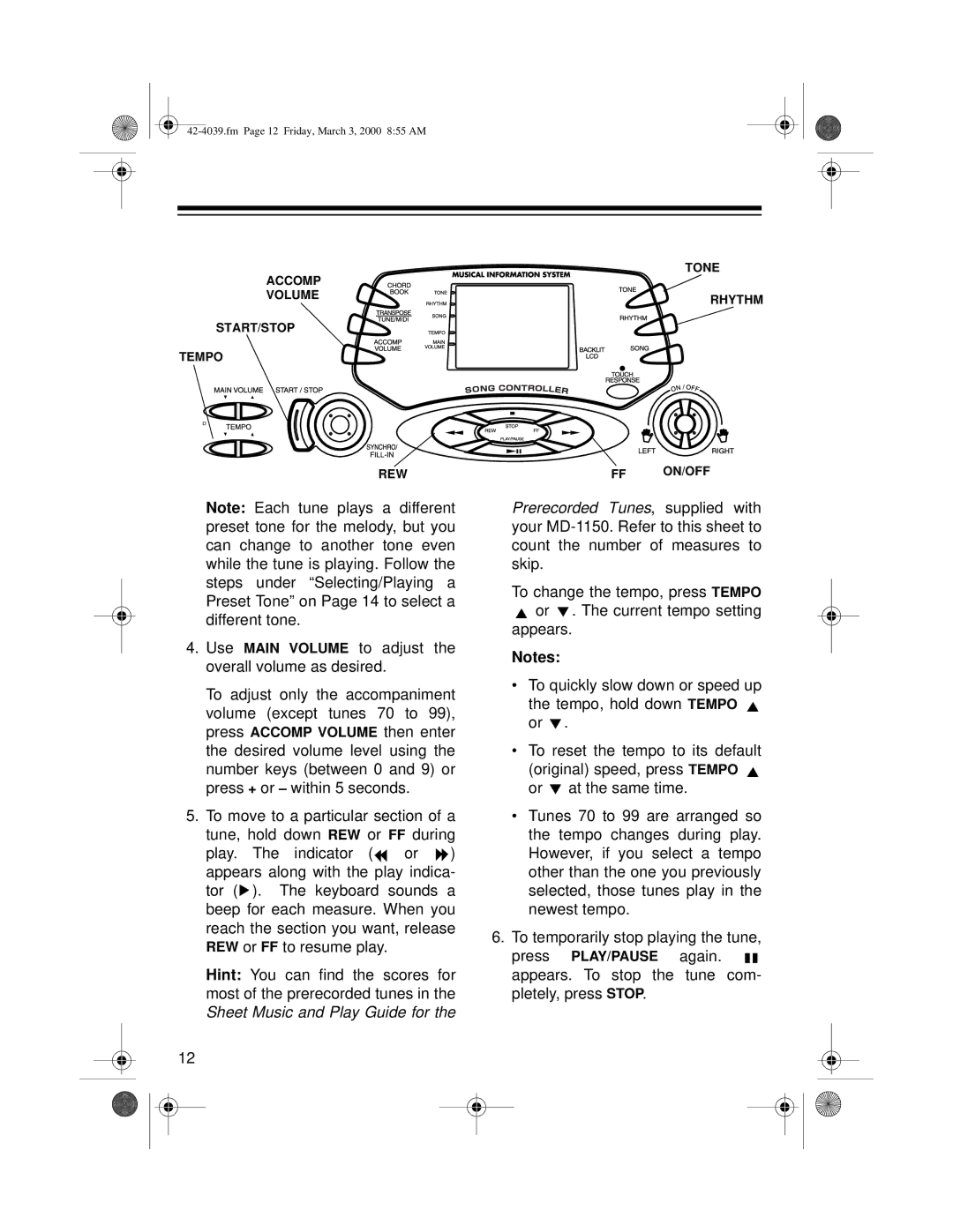 Optimus MD-1150 owner manual Accomp Tone Volume Rhythm START/STOP Tempo REW 