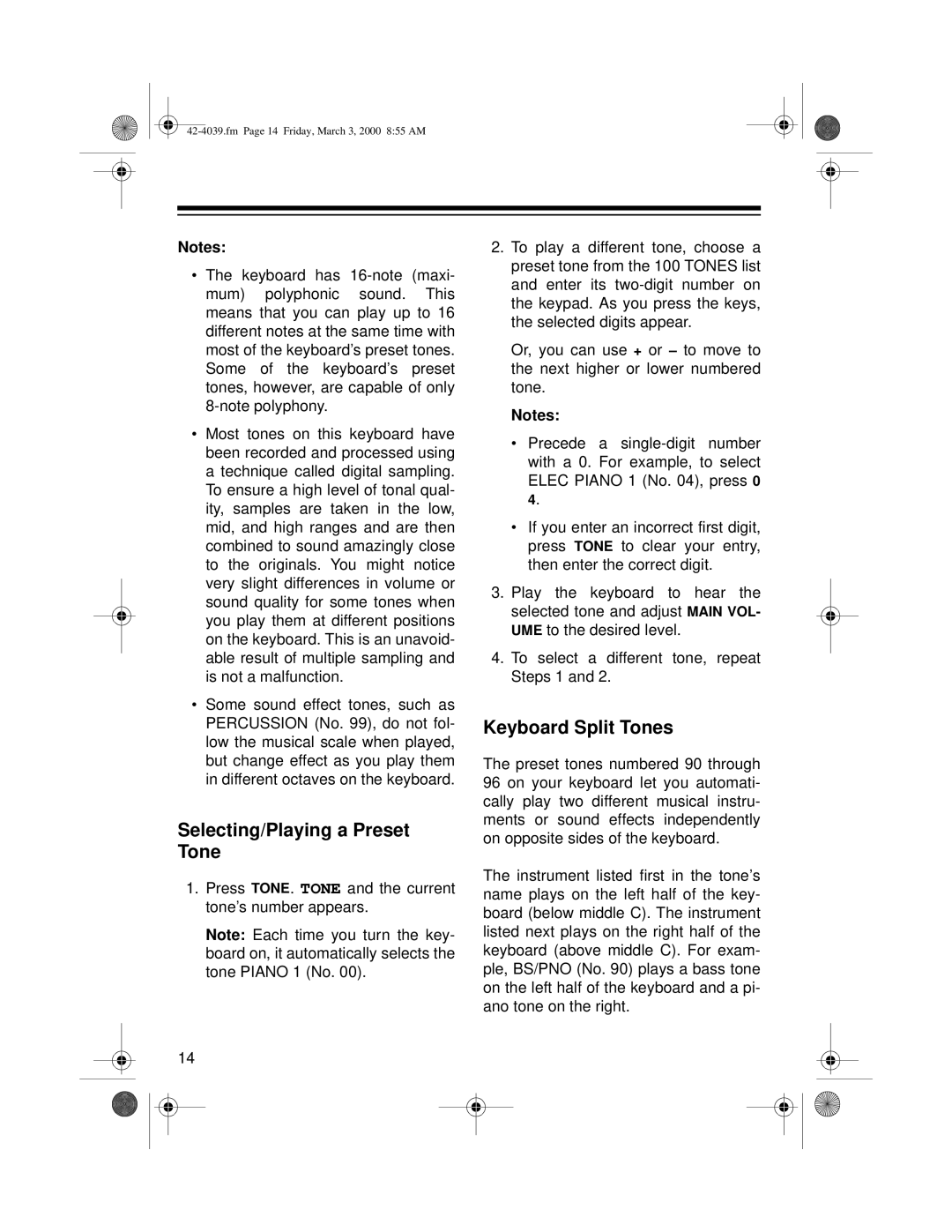 Optimus MD-1150 owner manual Selecting/Playing a Preset Tone, Keyboard Split Tones 