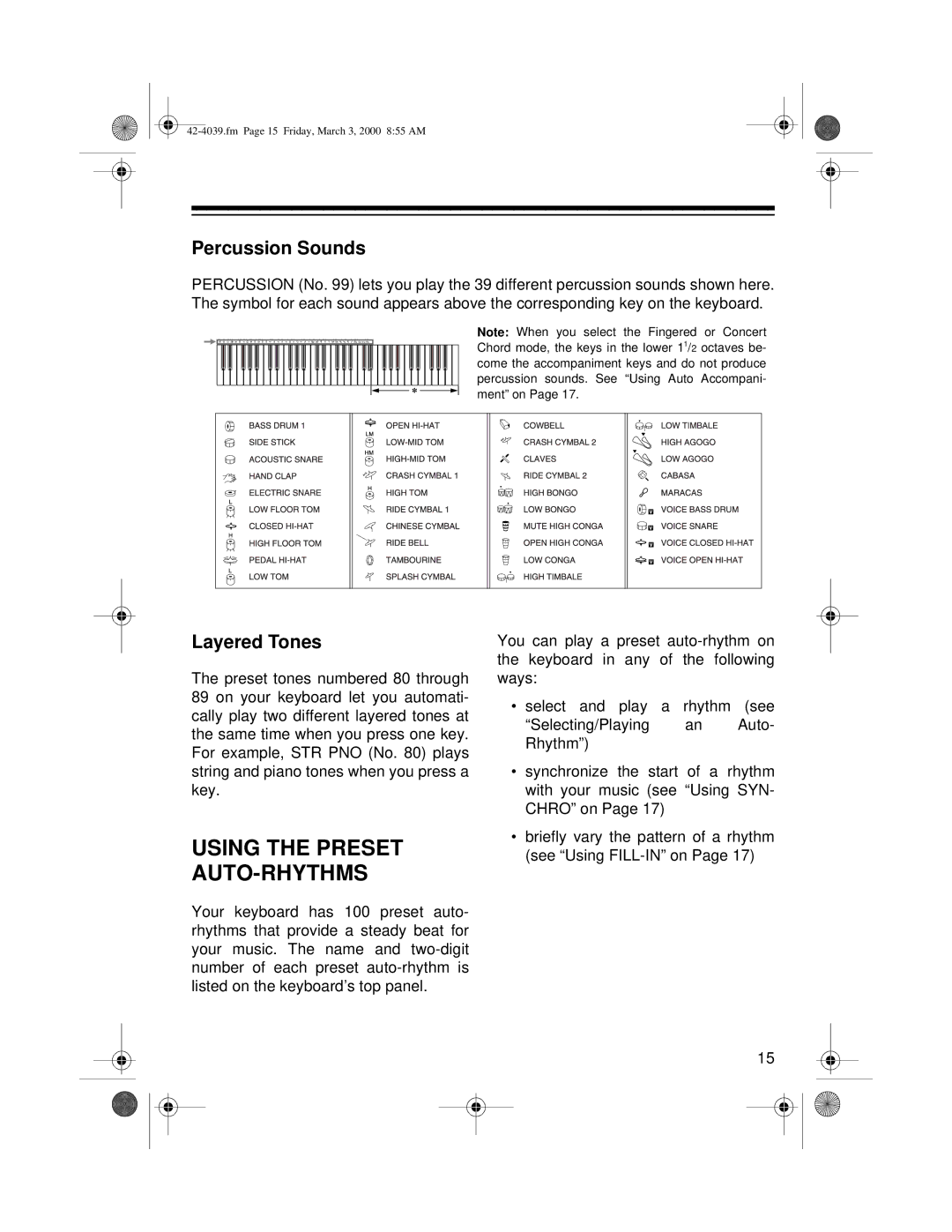 Optimus MD-1150 owner manual Using the Preset AUTO-RHYTHMS, Percussion Sounds, Layered Tones 