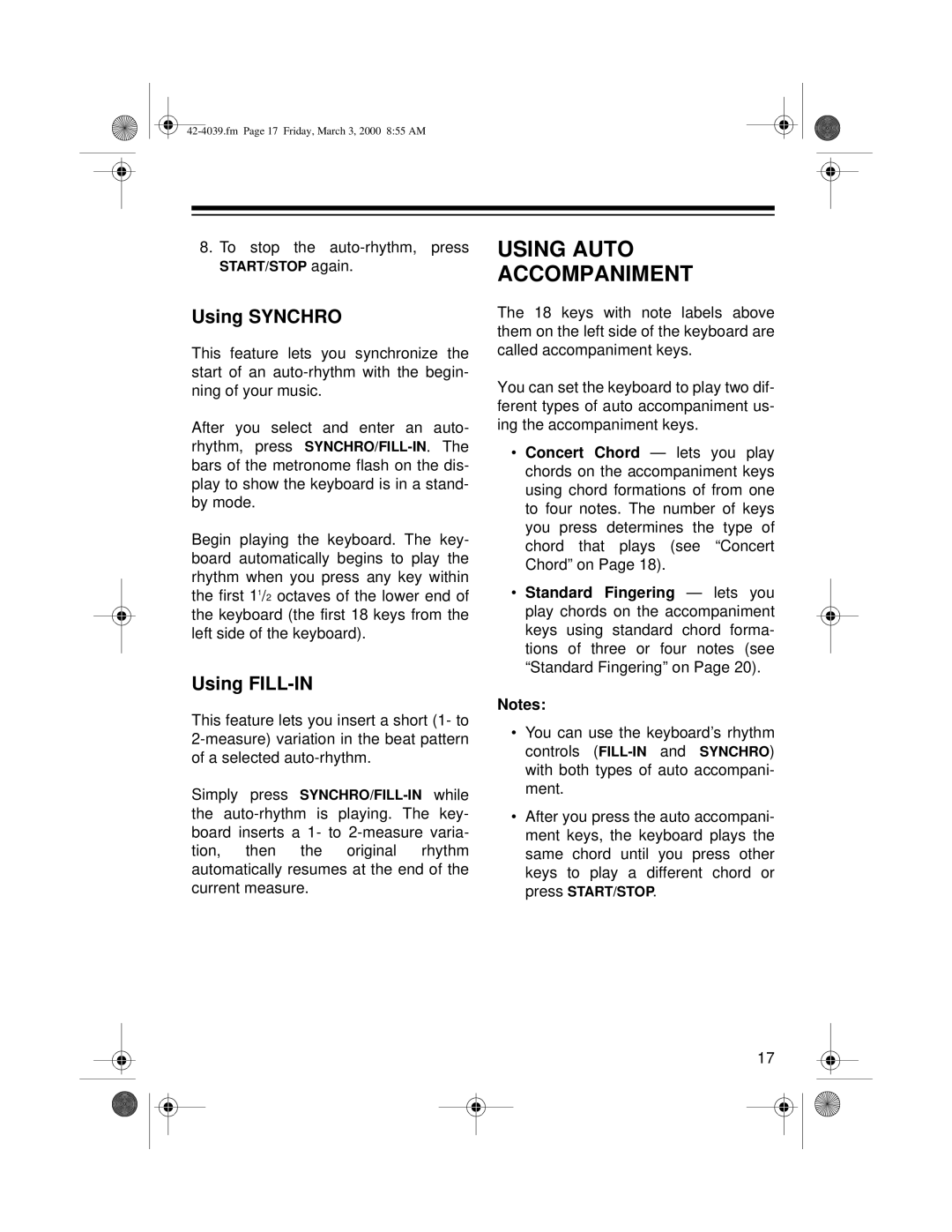 Optimus MD-1150 owner manual Using Auto Accompaniment, Using Synchro, Using FILL-IN 