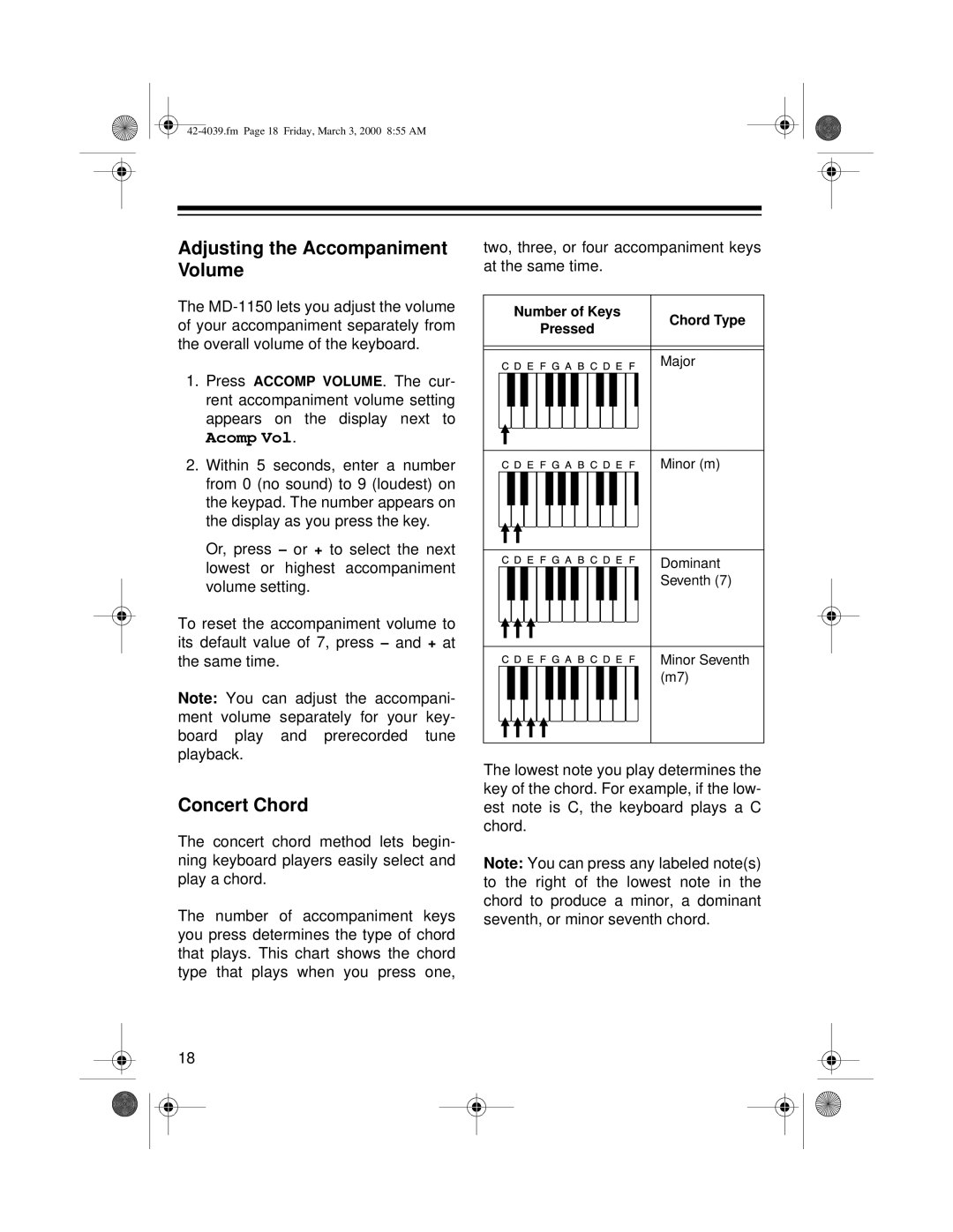 Optimus MD-1150 owner manual Adjusting the Accompaniment Volume, Concert Chord 