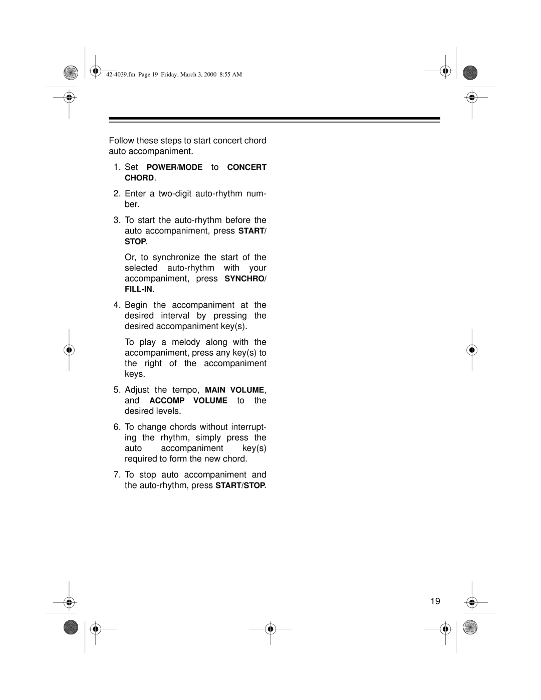 Optimus MD-1150 owner manual Follow these steps to start concert chord auto accompaniment 