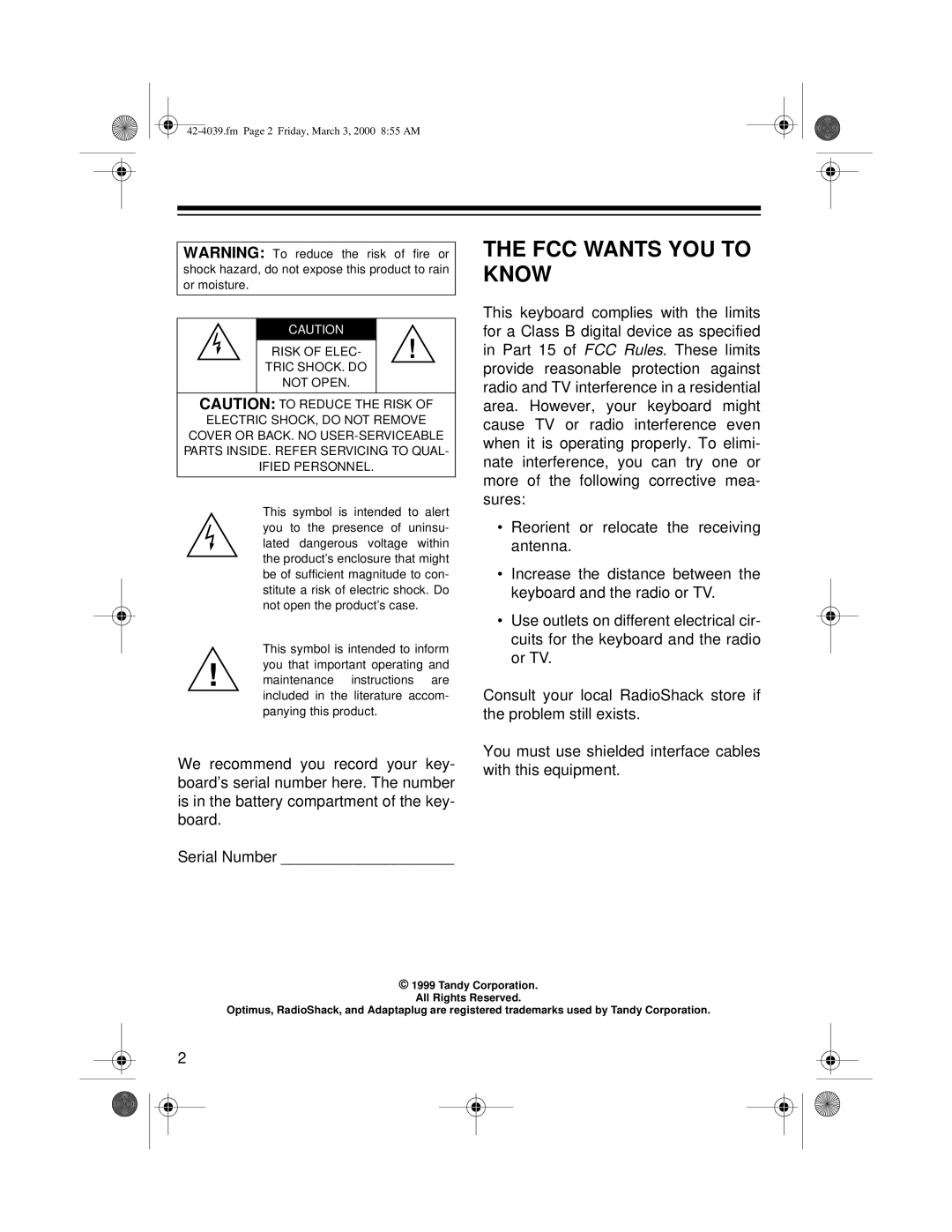 Optimus MD-1150 owner manual FCC Wants YOU to Know, Tric SHOCK. do Not Open 