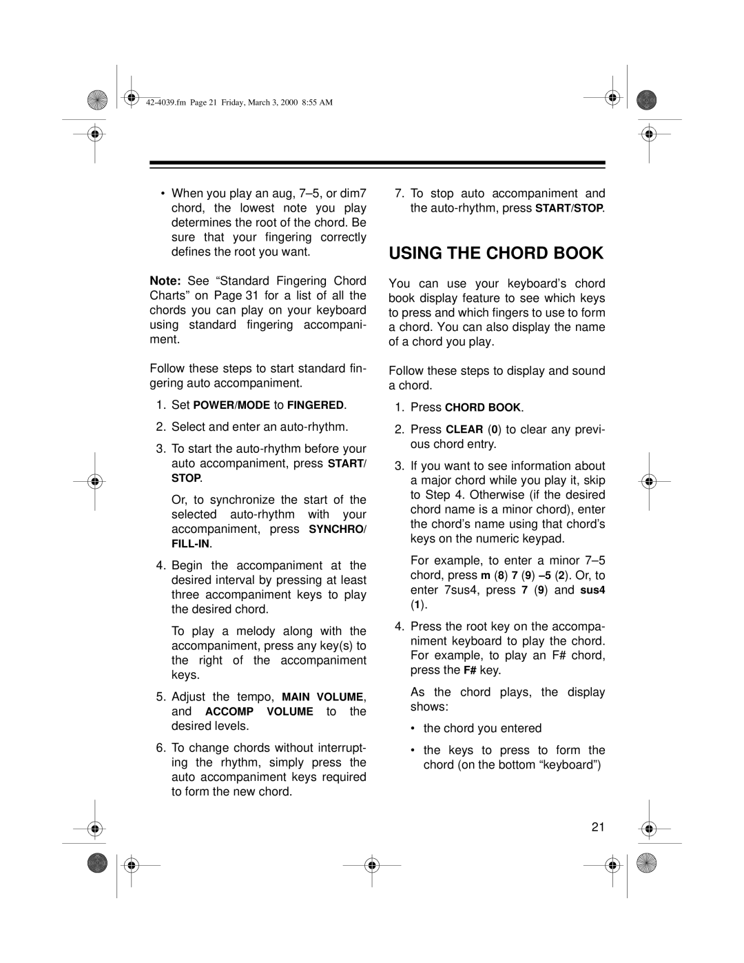 Optimus MD-1150 owner manual Using the Chord Book, Select and enter an auto-rhythm 