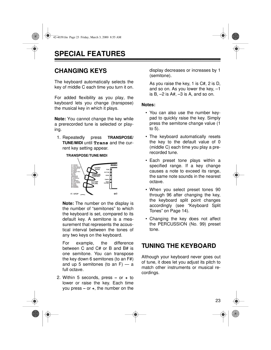 Optimus MD-1150 owner manual Special Features, Changing Keys, Tuning the Keyboard 