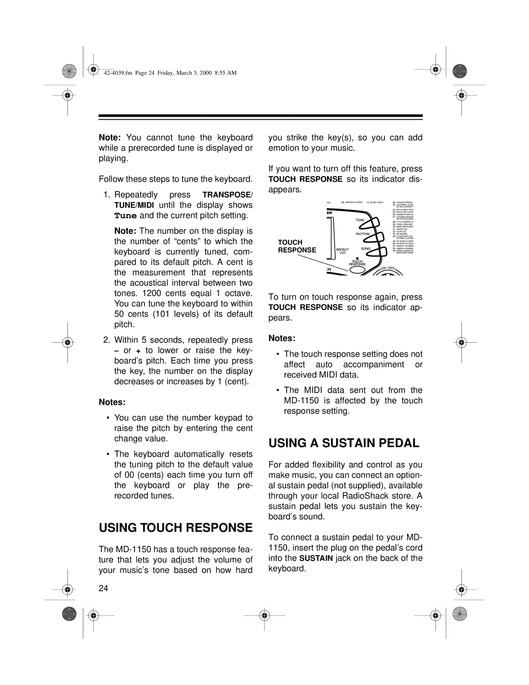 Optimus MD-1150 owner manual Using Touch Response, Using a Sustain Pedal 