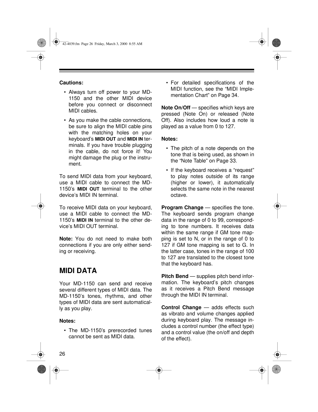 Optimus MD-1150 owner manual Midi Data 