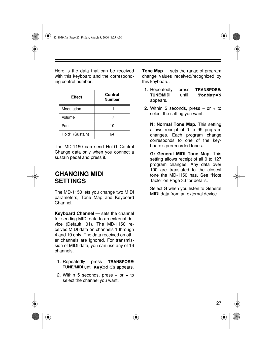 Optimus MD-1150 owner manual Changing Midi Settings 