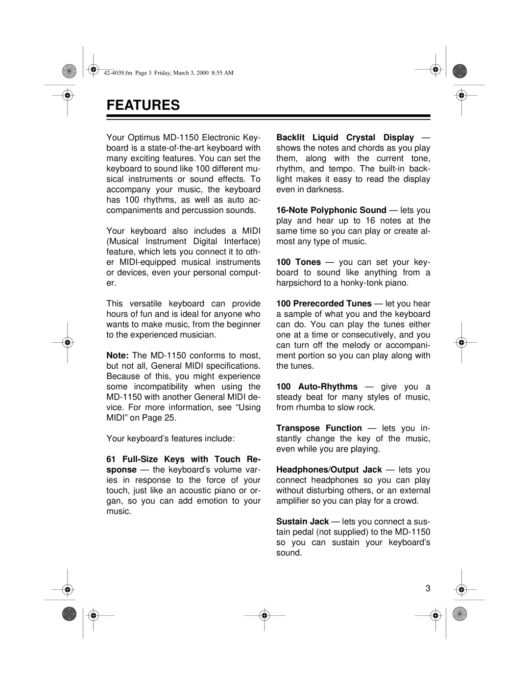 Optimus MD-1150 owner manual Features 