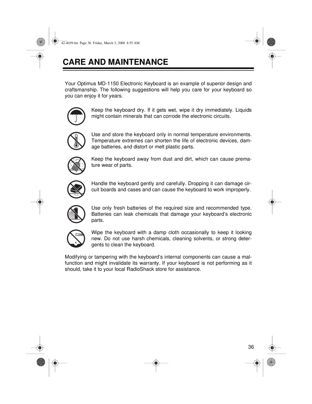 Optimus MD-1150 owner manual Care and Maintenance 