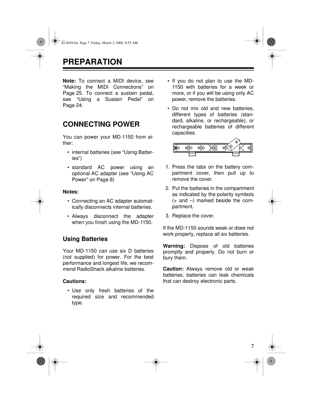 Optimus MD-1150 owner manual Preparation, Connecting Power, Using Batteries 