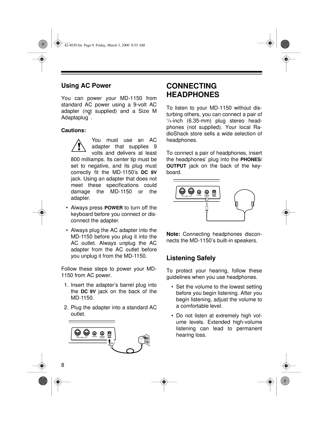 Optimus MD-1150 owner manual Connecting Headphones, Using AC Power, Listening Safely 