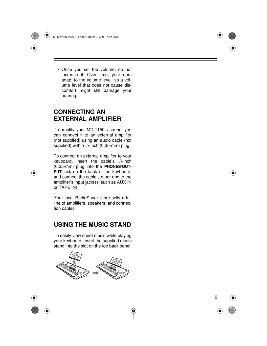 Optimus MD-1150 owner manual Connecting AN External Amplifier, Using the Music Stand 