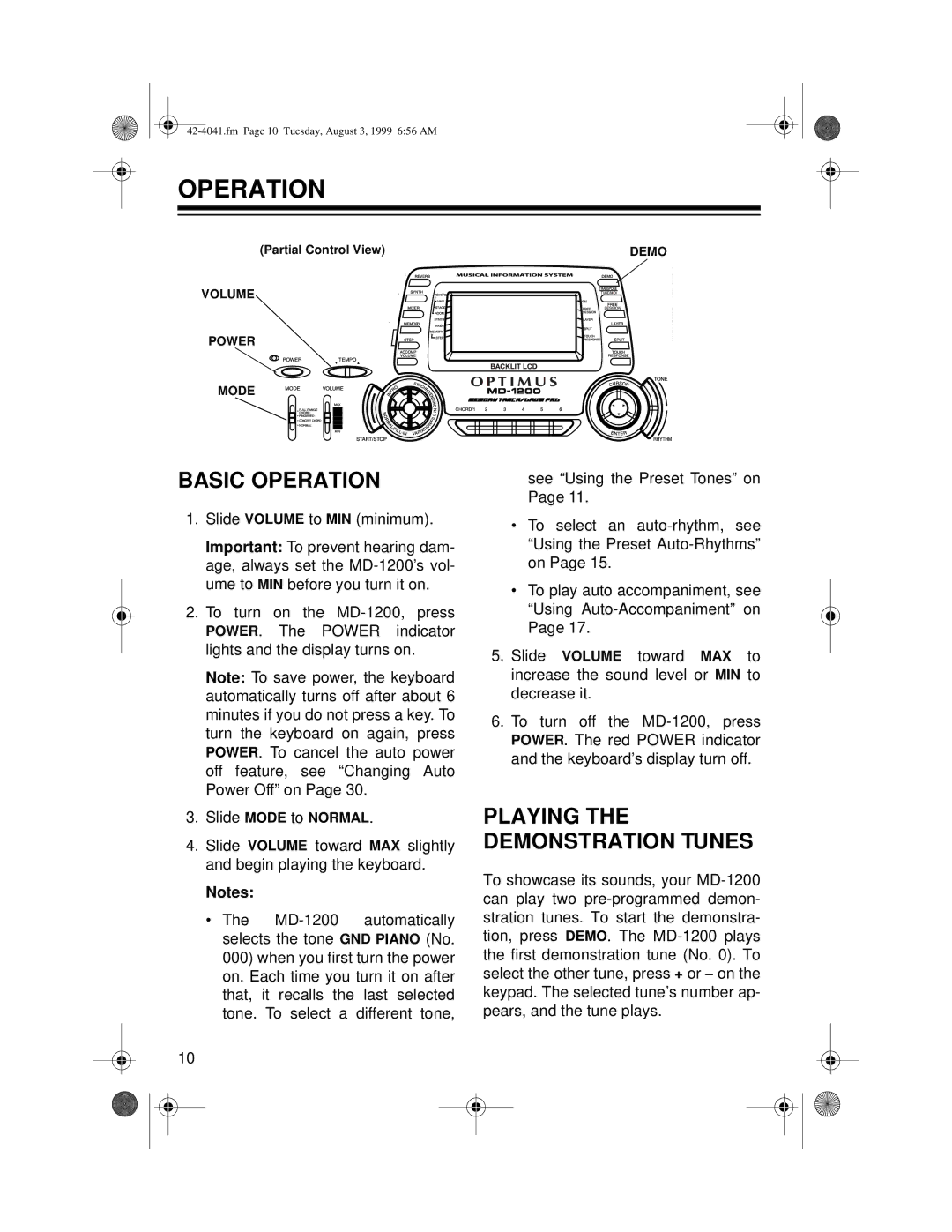 Optimus MD-1200 owner manual Basic Operation 