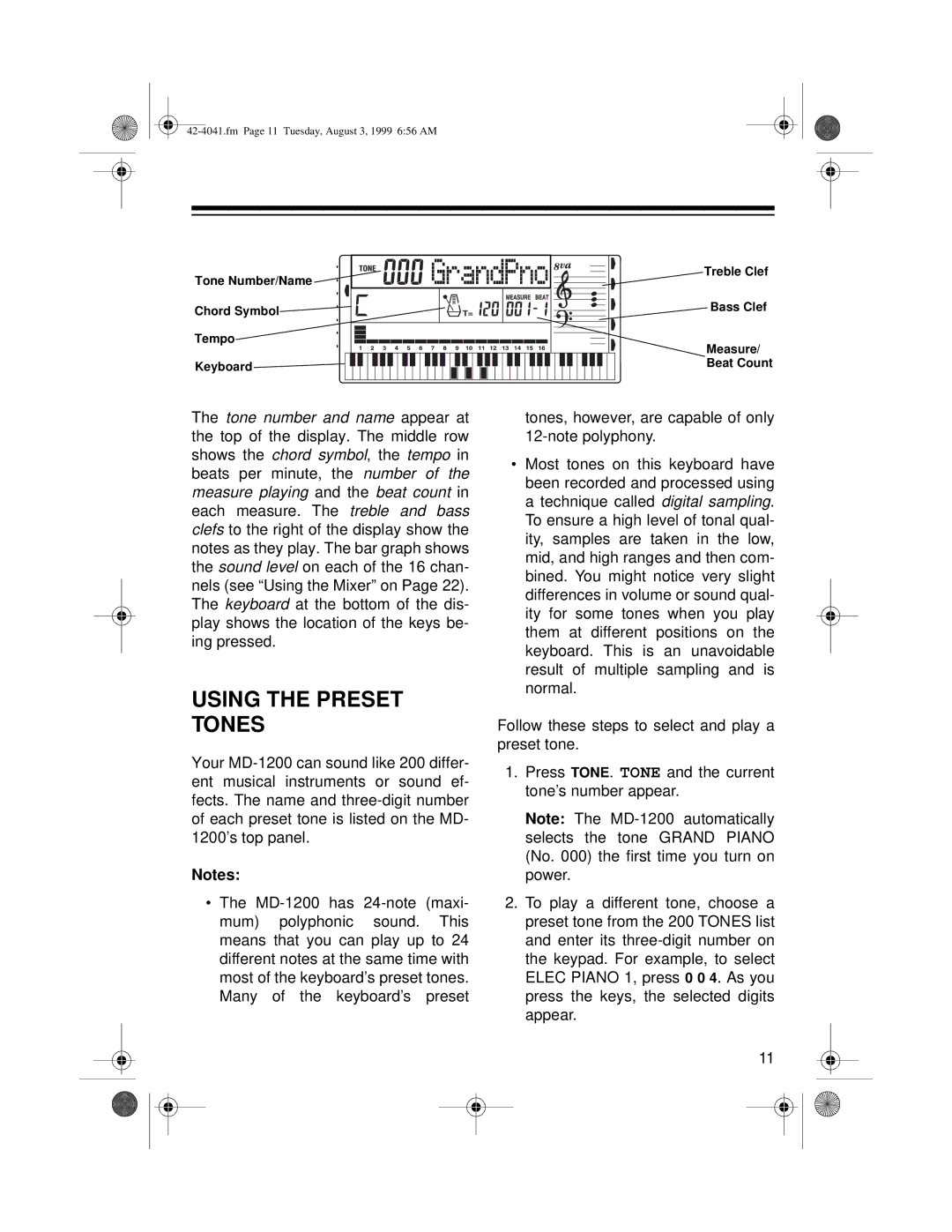 Optimus MD-1200 owner manual Using the Preset Tones 