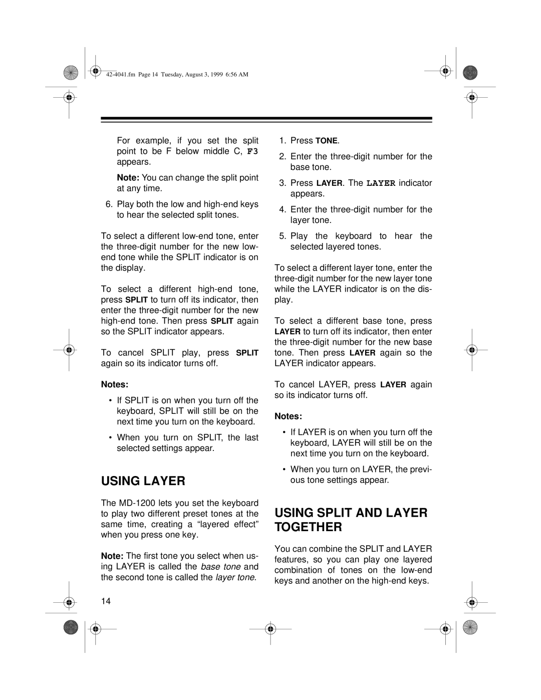 Optimus MD-1200 owner manual Using Layer, Using Split and Layer Together 