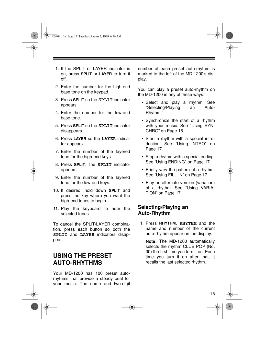 Optimus MD-1200 owner manual Using the Preset AUTO-RHYTHMS, Selecting/Playing an Auto-Rhythm 