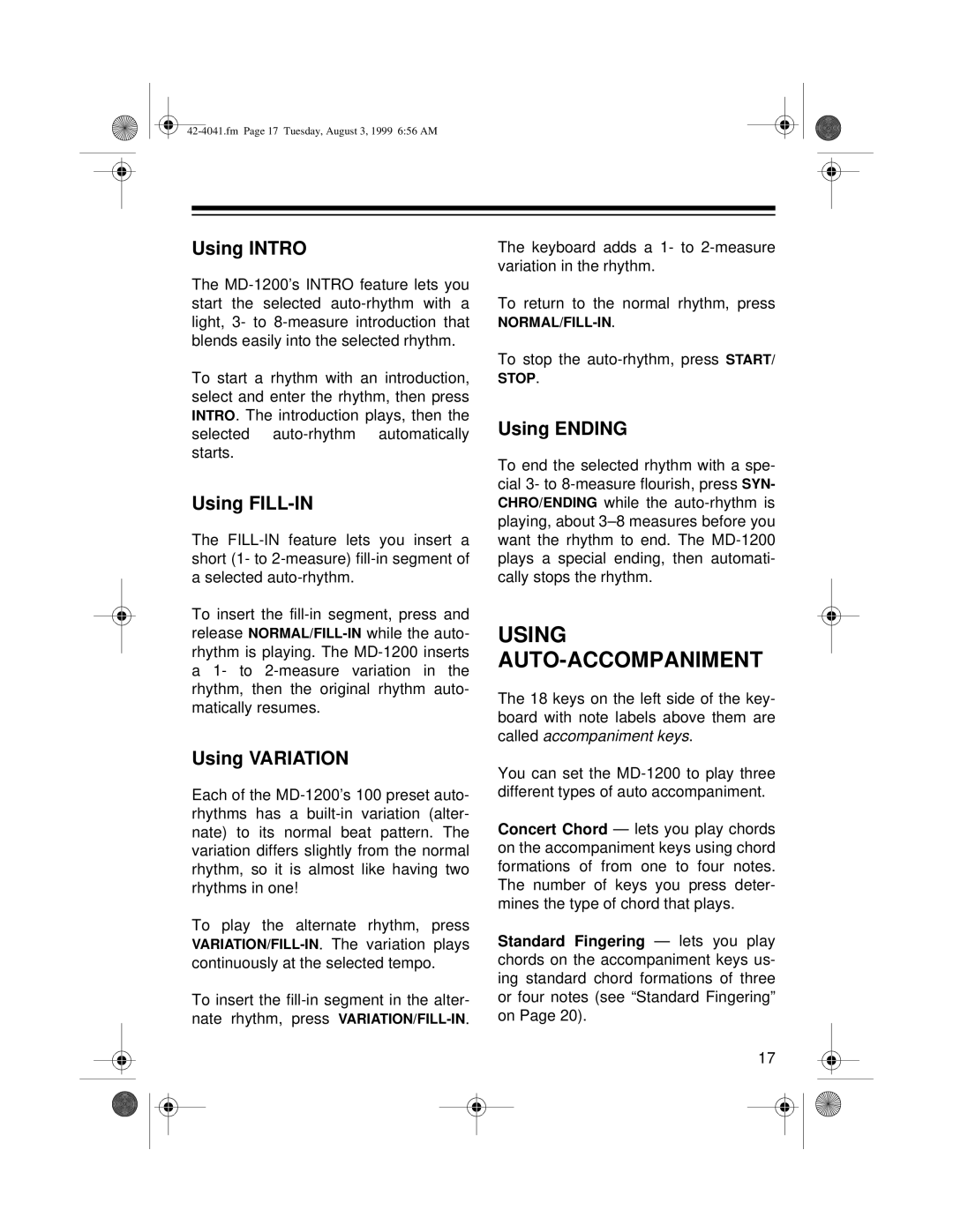 Optimus MD-1200 owner manual Using Intro, Using FILL-IN, Using Variation, Using Ending 