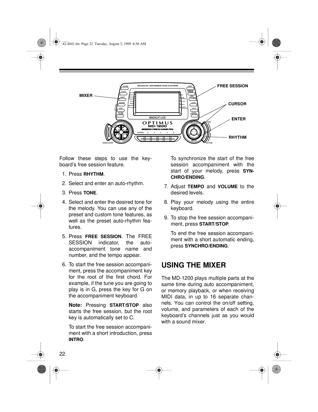 Optimus MD-1200 owner manual Using the Mixer 