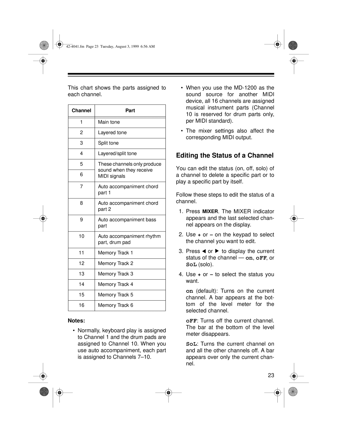 Optimus MD-1200 owner manual Editing the Status of a Channel, This chart shows the parts assigned to each channel 