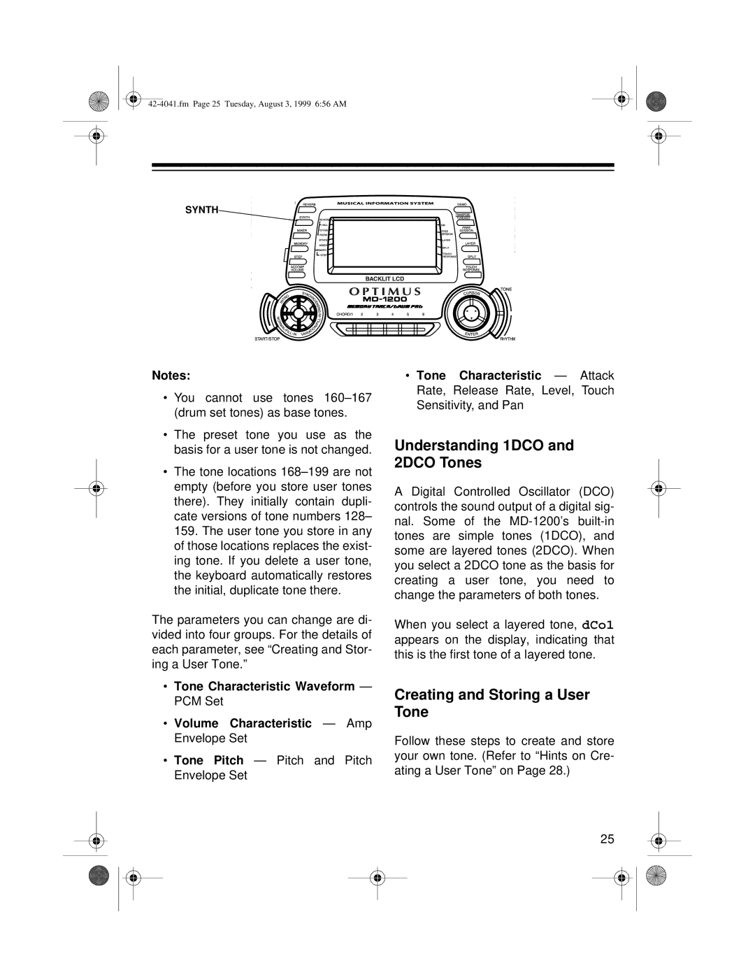 Optimus MD-1200 owner manual Understanding 1DCO and 2DCO Tones, Creating and Storing a User Tone 