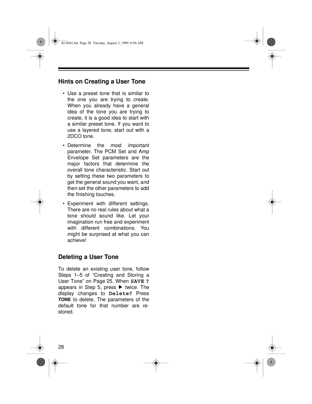 Optimus MD-1200 owner manual Hints on Creating a User Tone, Deleting a User Tone 