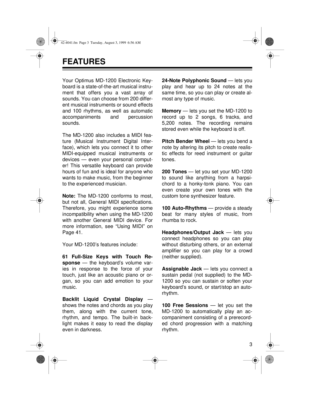 Optimus MD-1200 owner manual Features 