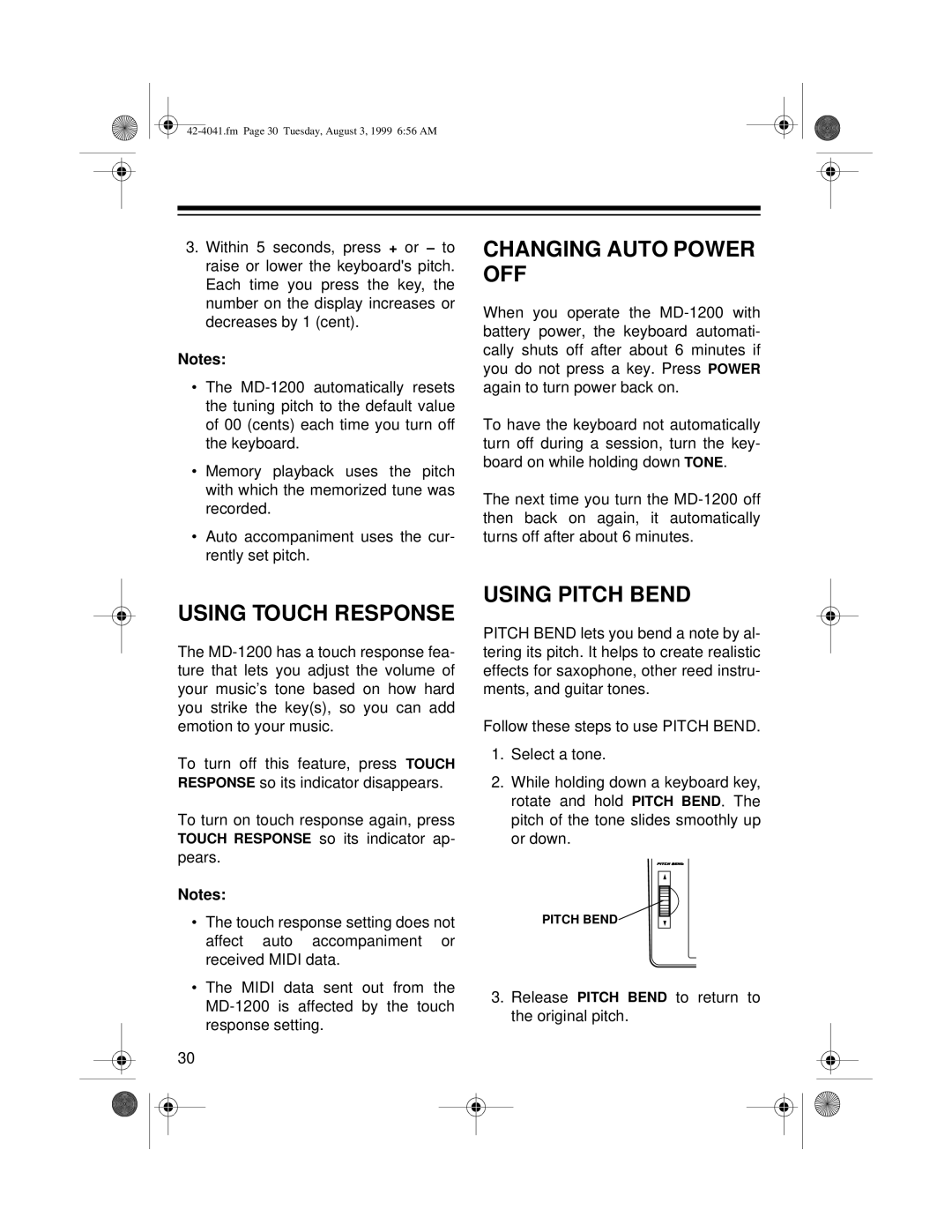 Optimus MD-1200 owner manual Changing Auto Power OFF, Using Touch Response, Using Pitch Bend 