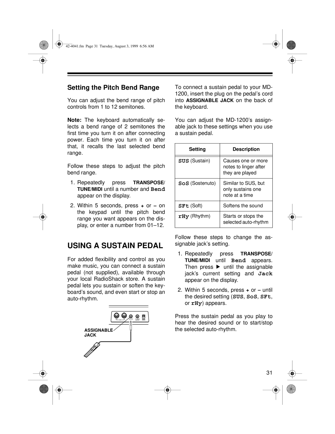 Optimus MD-1200 owner manual Using a Sustain Pedal, Setting the Pitch Bend Range 