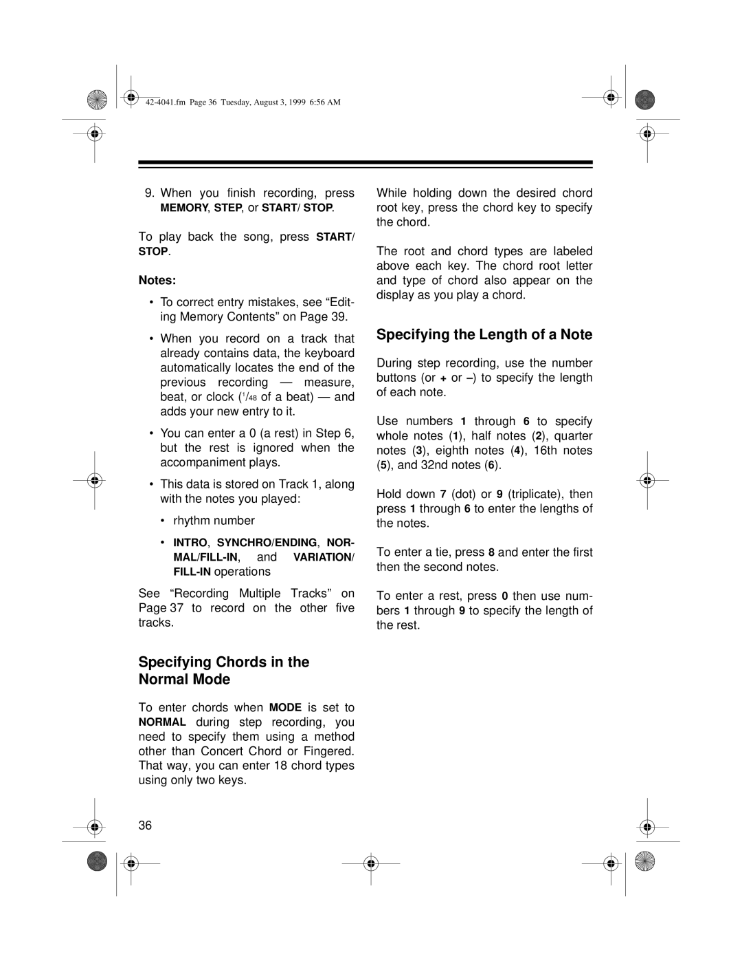 Optimus MD-1200 owner manual Specifying Chords in the Normal Mode, Specifying the Length of a Note 