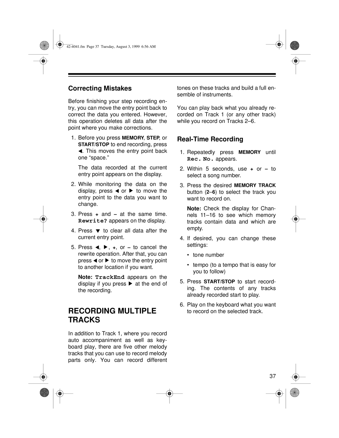 Optimus MD-1200 owner manual Recording Multiple Tracks, Correcting Mistakes, Real-Time Recording 