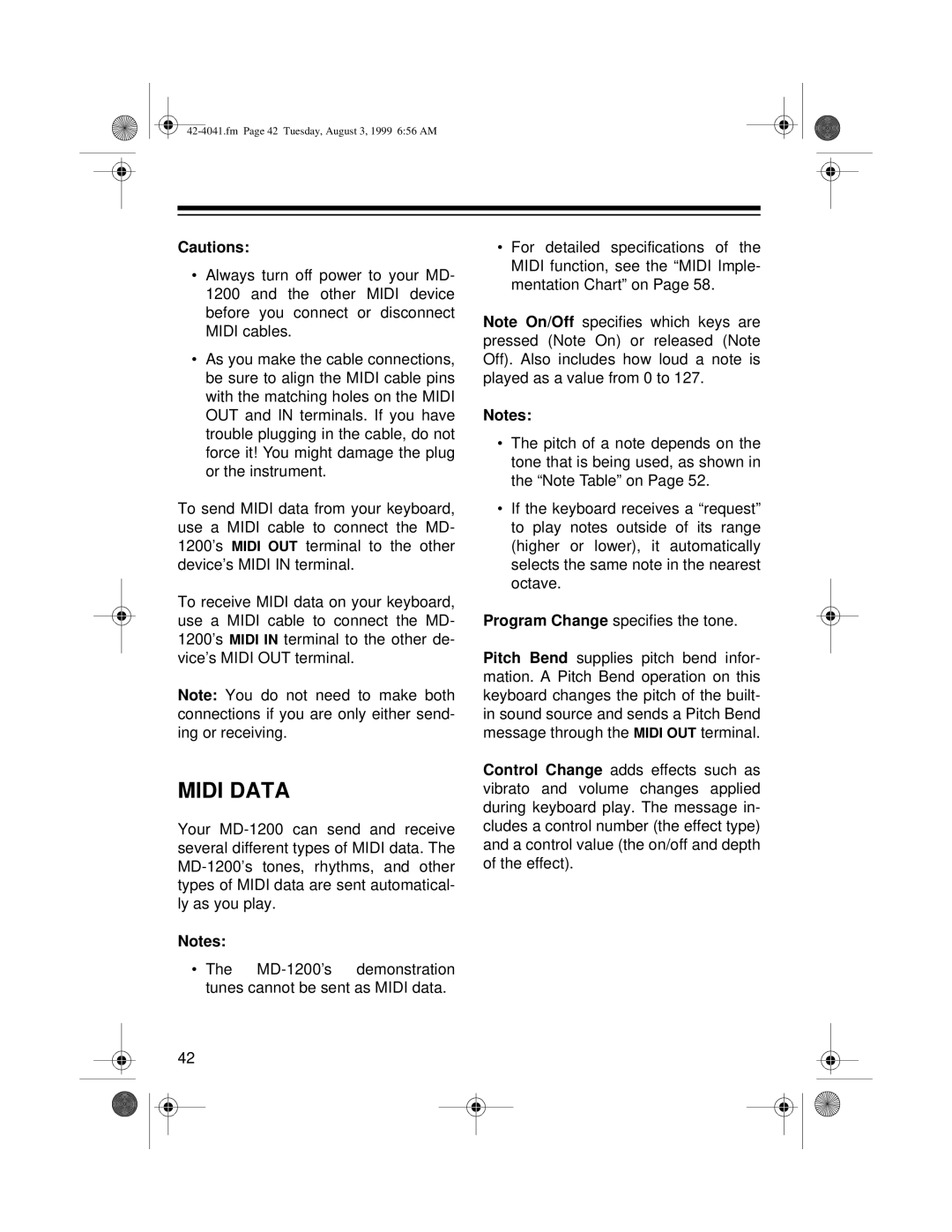 Optimus MD-1200 owner manual Midi Data 