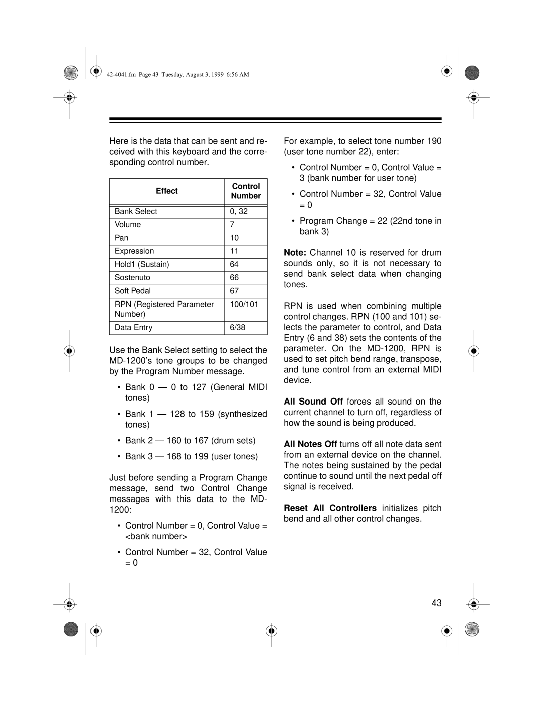 Optimus MD-1200 owner manual Effect Control Number 