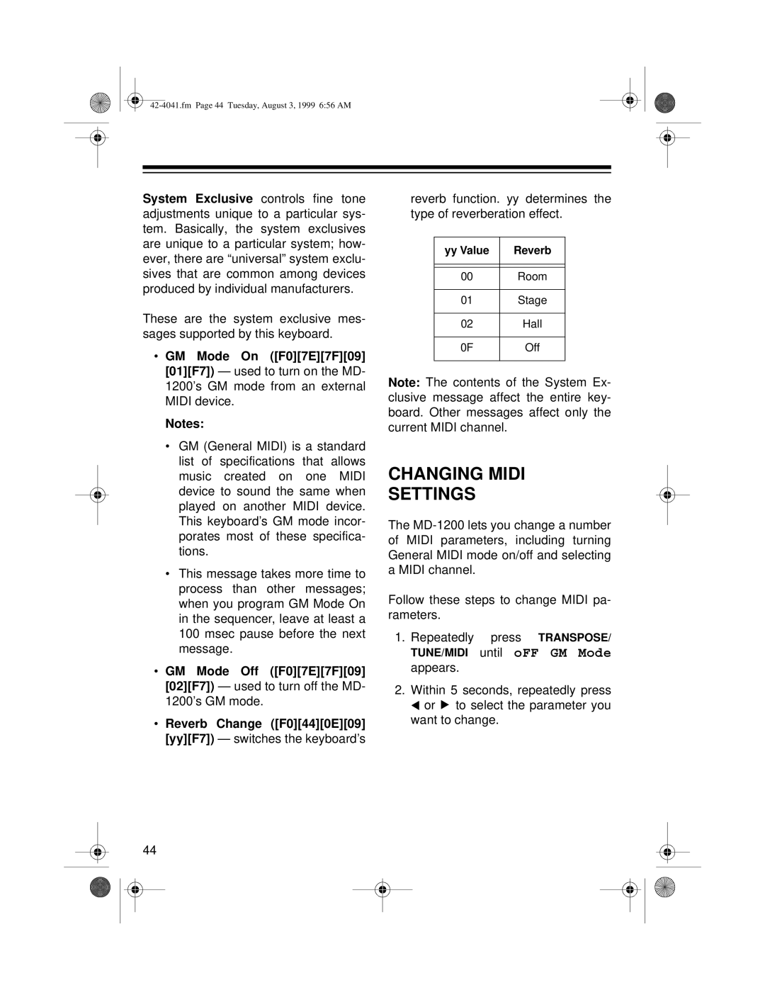 Optimus MD-1200 owner manual Changing Midi Settings 